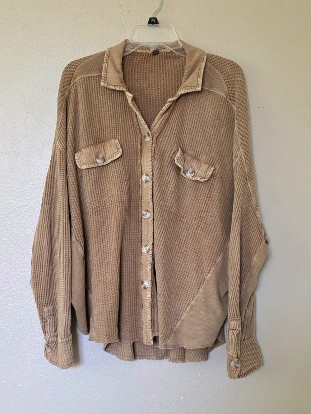 FP One Scout XS Tan Waffle Thermal Knit Dolman Sleeve Oversized Shirt Jacket